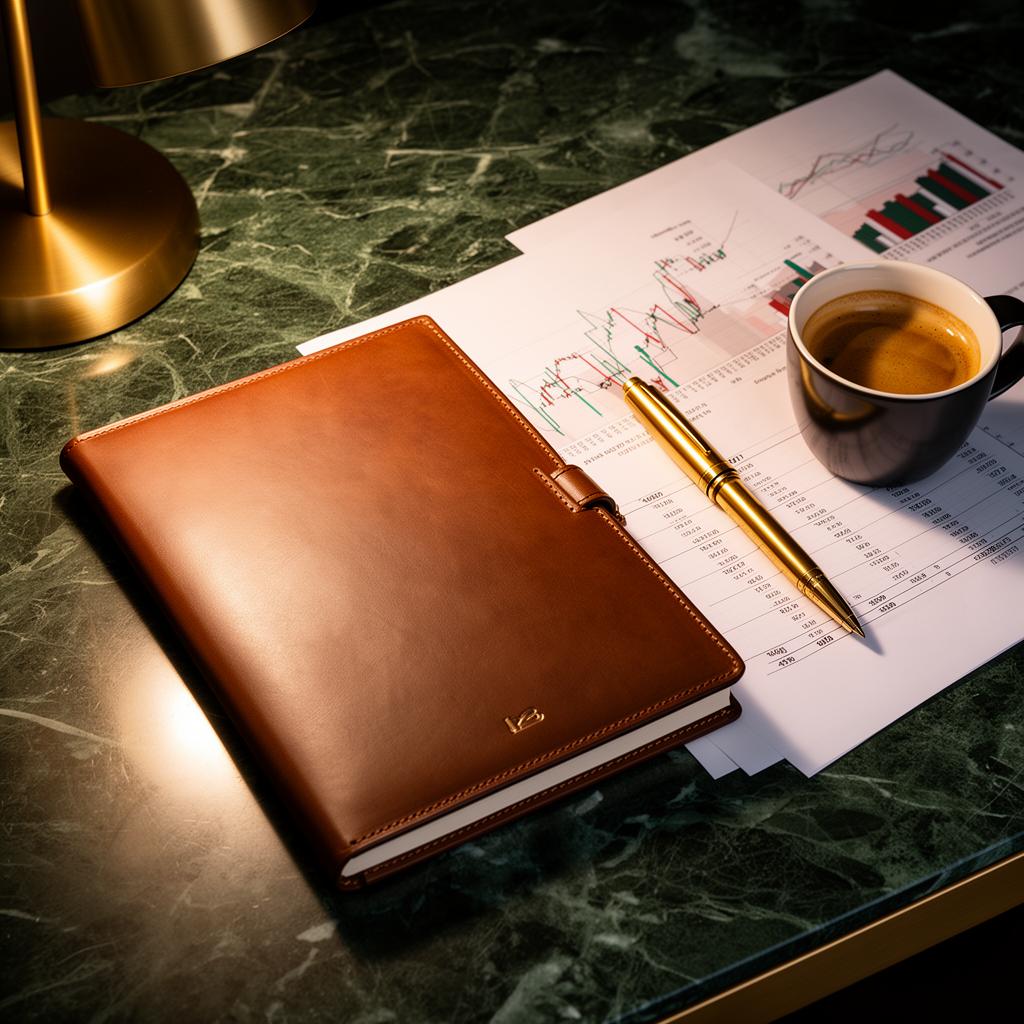 Premium leather notebook, gold pen and financial charts on a dark green marble desk